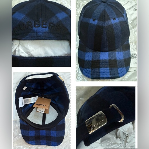 BURBERRY CASHMERE NAVY SIGNATURE CHECKERED PATTERN UNISEX BASEBALL CAP - Picture 5 of 16